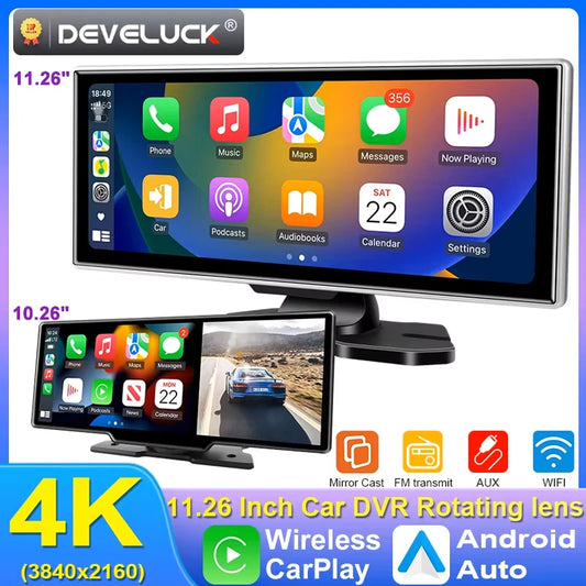 4K Dash Cam 10–11.26 Inch Car DVR – Wireless CarPlay & Android Auto GPS Navigation Dual Lens Video Recorder with WiFi FM AUX