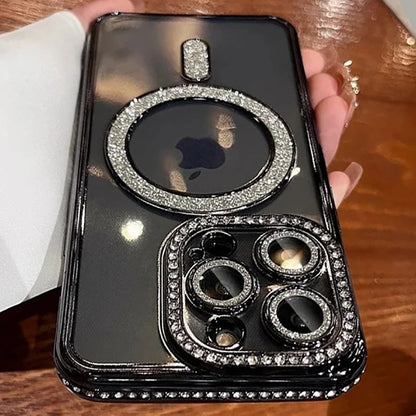 Glitter Diamond Clear Magnetic iPhone Case - Transparent Bumper Cover with Wireless Charging Support for iPhone 12–18 Pro Max & Plus