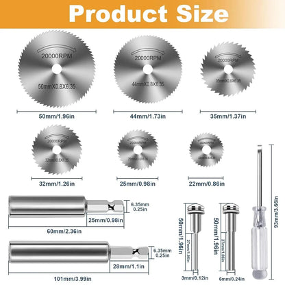 HSS Circular Saw Blade Set - 1/4 Inch Hex Shank Cutting Discs for Rotary Tools, Metal, Wood & Plastic