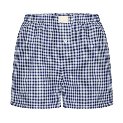 Women’s Teen Girls Elastic Waist Pull-On Red & Blue Plaid Casual Lounge Summer Shorts