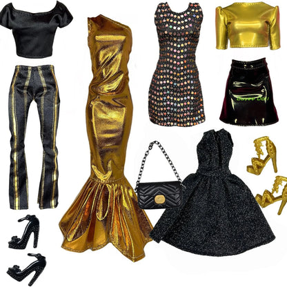 Black & Gold 30cm Doll Clothes Set – Dress & Shoes for 1/6 Barbie Dolls, Christmas Gift for Girls