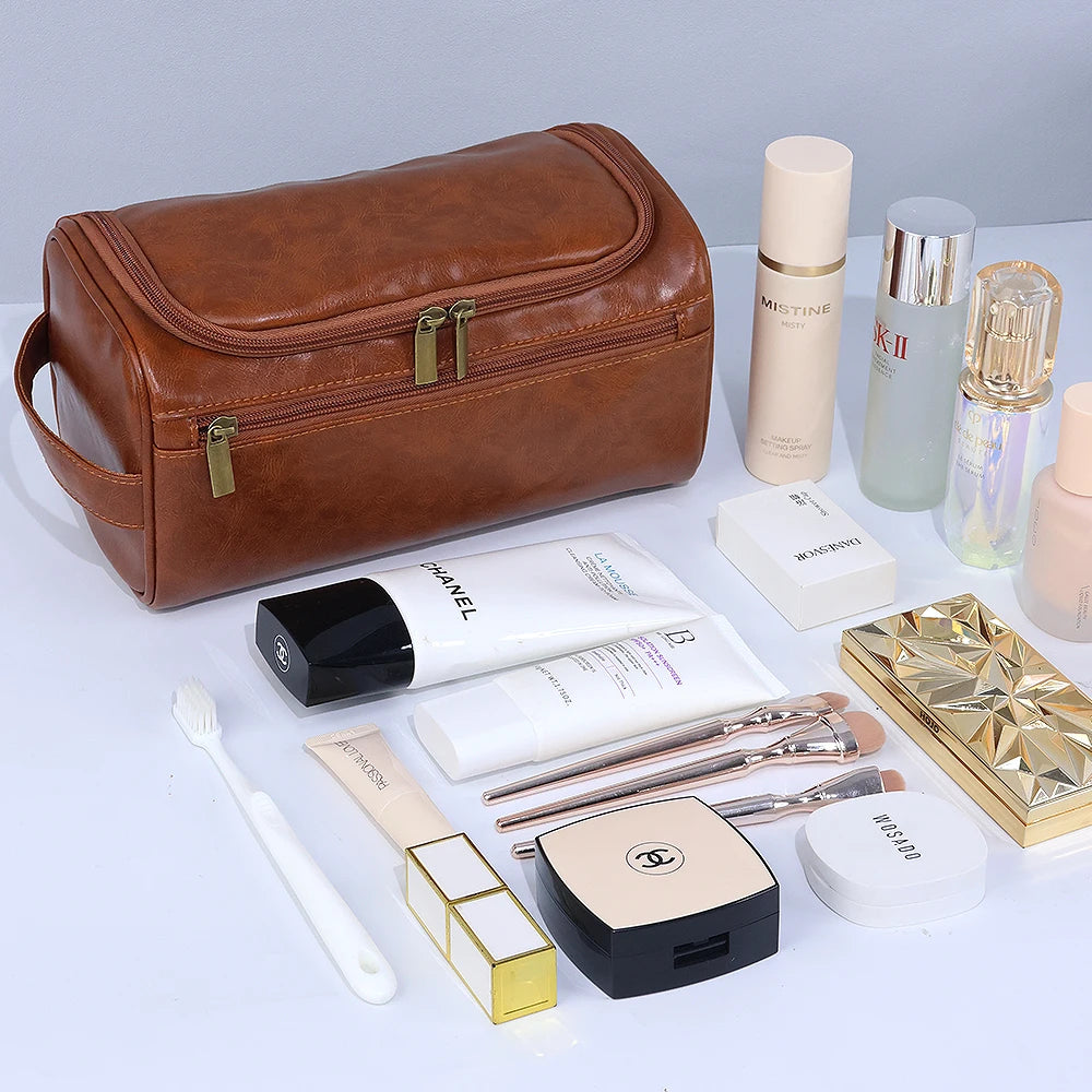 Men’s PU Leather Vintage Luxury Toiletry Bag – Travel Hanging Cosmetic Makeup Organizer Case, Business Wash Bag Storage Pouch
