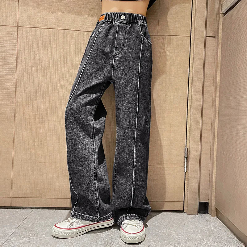 New 2024 Teenage Girls’ Blue Street Cartoon Jeans – Elastic Mid-Waist Loose Wide-Leg Denim Pants for Spring Fashion