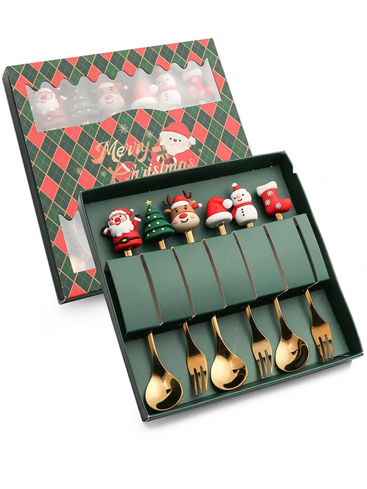 Leeseph Christmas Coffee Spoons and Forks Set - Stainless Steel Holiday Gifts for Kids (Red/Green Gift Box Set) - Available in 4 or 6 Pieces