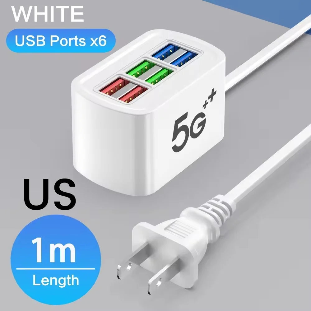 6-Port USB Charging Power Strip – Universal Fast Charger with EU/US Plug, Power Socket Extension Cable for Phones and Devices