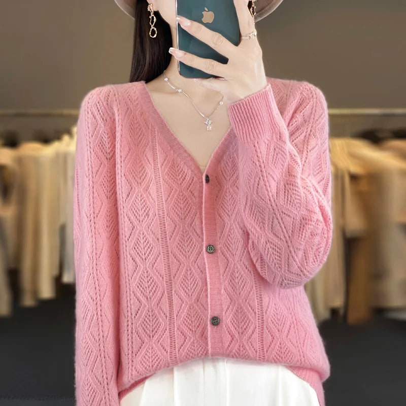 Women's 100% Wool Cashmere Cardigan – V-Neck, Super Soft, Loose Fit, Long Sleeve Knit Sweater