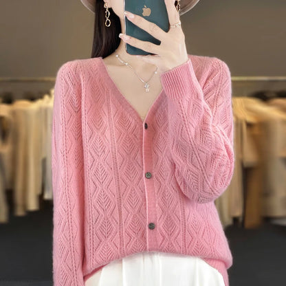 Women's 100% Wool Cashmere Cardigan – V-Neck, Super Soft, Loose Fit, Long Sleeve Knit Sweater