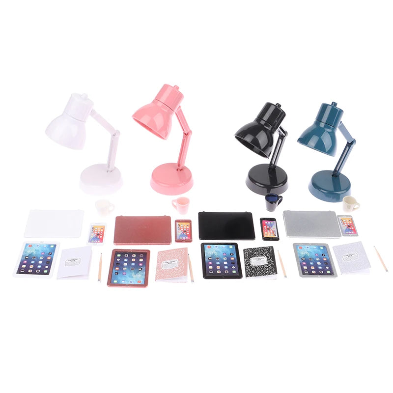 6–7PCS 1:12 Dollhouse Miniature Study Desk Set — Laptop, Phone, Tablet, Lamp & Books Scene Decor