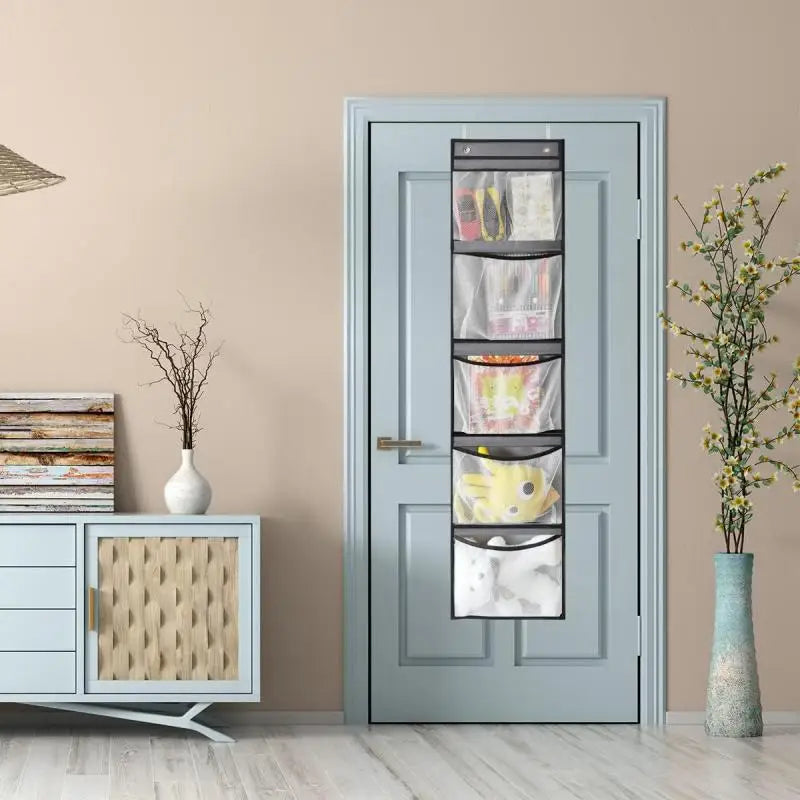 Over the Door Organizer – Grey Hanging Storage with 5 Large Pockets & Shelves