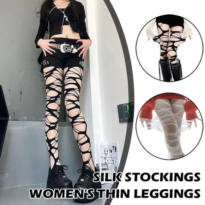 Punk Y2K Ripped High-Waist Fishnet Stockings - Women’s Halloween, Rave & Party Tights