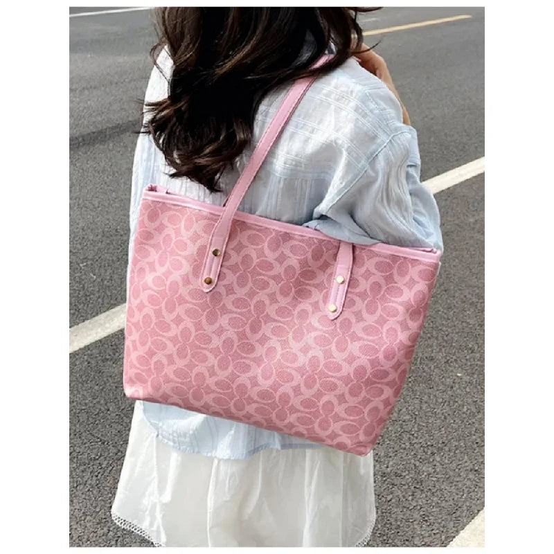 Classic Monogram Tote Bag - Large Capacity Canvas Shoulder Handbag with PU Trim for Women, Work & Shopping