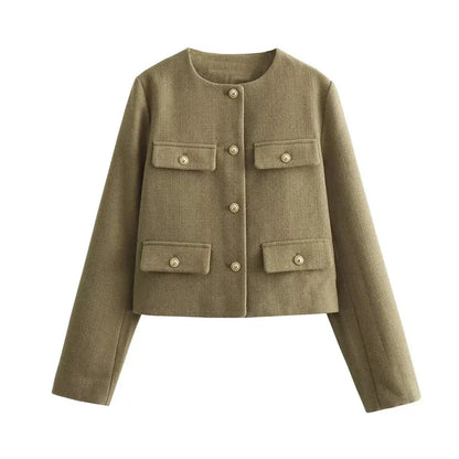 TRAF Women's Autumn Outerwear – Long Sleeve Cropped Jacket, Winter Button Demi-Season Short Coat, Elegant Women’s Coat