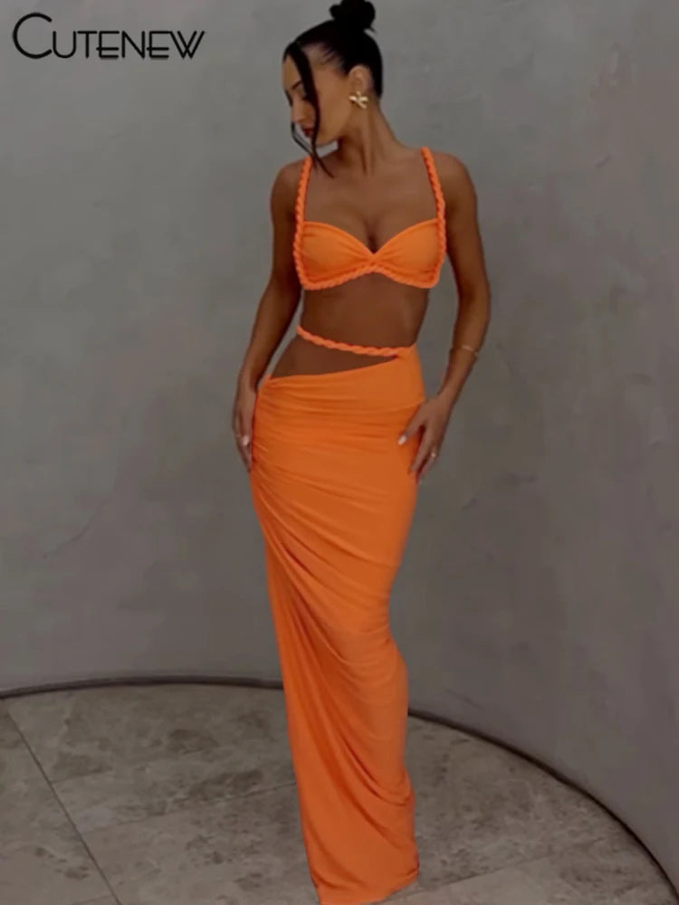 Women’s Woven Two-Piece Vacation Set – Pleated Crop Camisole & High Waist Maxi Skirt Sexy Summer Outfit Matching Set