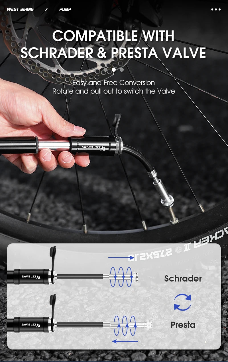 WEST BIKING 130PSI Mini Bike Pump – Portable Aluminum Alloy Hand Air Pump for MTB & Road Cycling, Drop-Proof & Ultralight