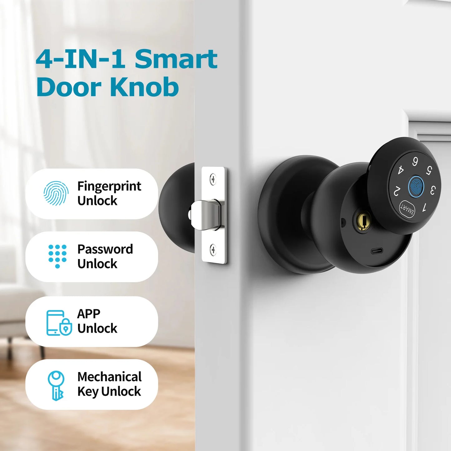 Smart Fingerprint Door Lock - Passcode & App Control with Type-C Emergency Power