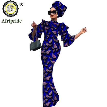African Bazin Riche 2-Piece Dress Set - Plus Size Bodycon Dress with Headwrap for Women