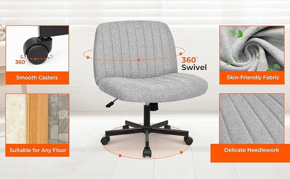 Adjustable Criss Cross Legged Armless Desk Chair - Ergonomic Swivel Reading Chair with Wheels for Bedroom Vanity