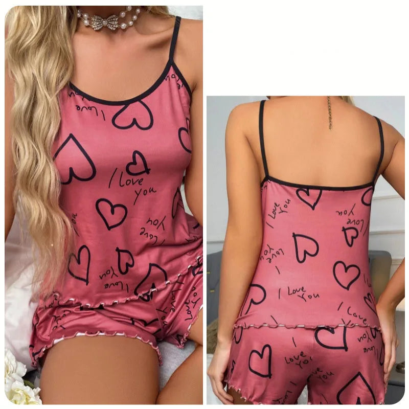 Women’s Heart Print Silk Pajama Set - Sexy Pleated Vest Top & Shorts Soft Cute Home Wear