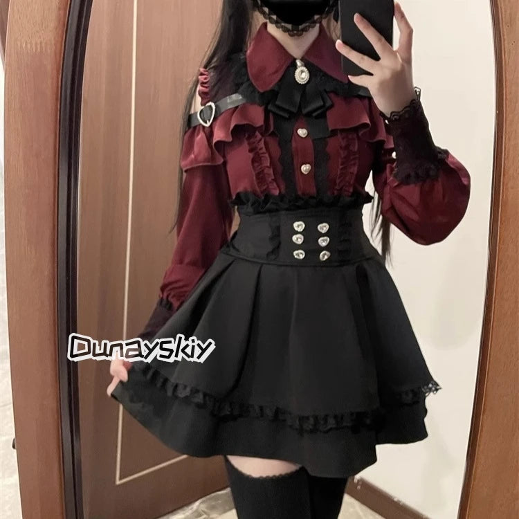 Jirai Kei Lolita Blouse Top — Y2K Sweet Japanese Style Long Shirt with Bow for Women, S-XL, 3 Colors