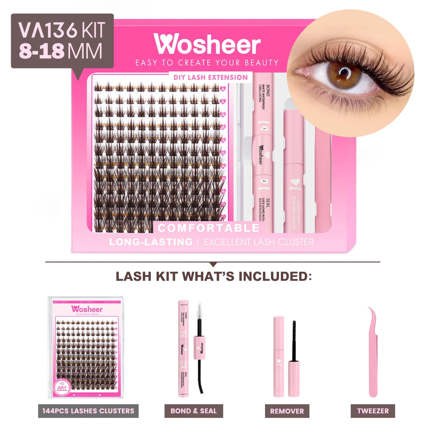 WOSHEER DIY Eyelash Cluster Kit – Faux Mink Lash Extensions with Bond, Seal & Remover for Natural Thick Individual Lashes