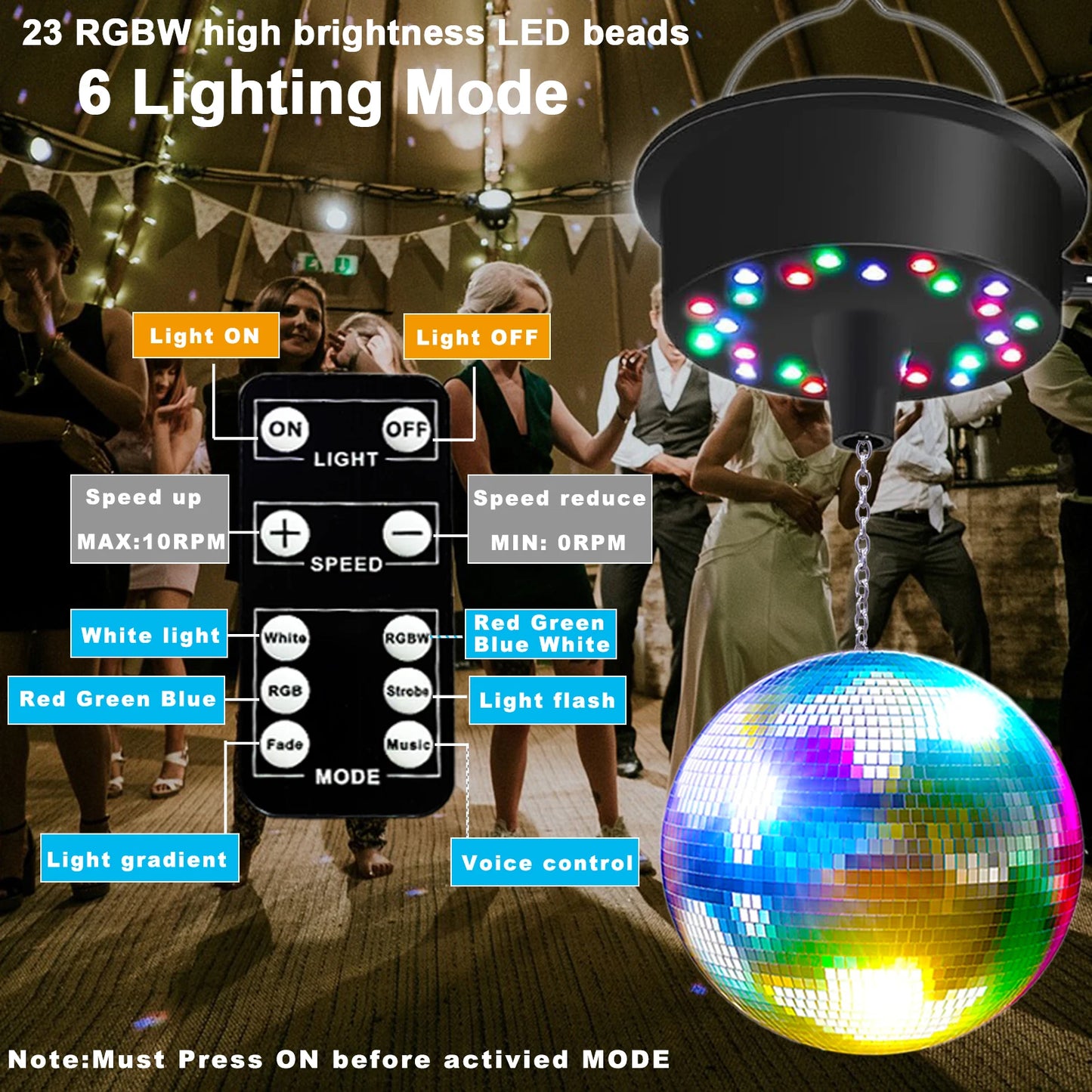 RGBW Disco Ball Motor with Remote - Adjustable 5-10RPM Mirror Ball Spinner with Multi-Mode LED Lighting