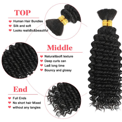 Human Braiding Hair Deep Wave Bulk - 100g No Weft Hair Bundles for Boho Braids, Micro Human Hair