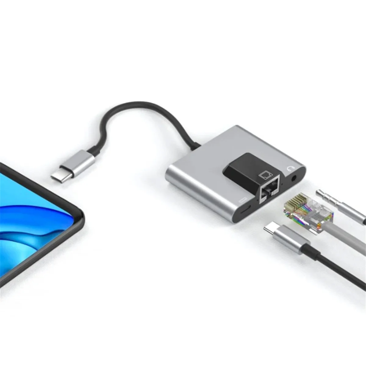 RGEEK USB-C to Ethernet Adapter Hub — Type-C to LAN, 3.5mm Audio & PD Charging Dock for iPhone & Android