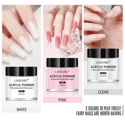 40ml Crystal Liquid & 45ml Acrylic Powder Set – Pink, White, Transparent Acrylic Powder Kit for Beginners Nail Art