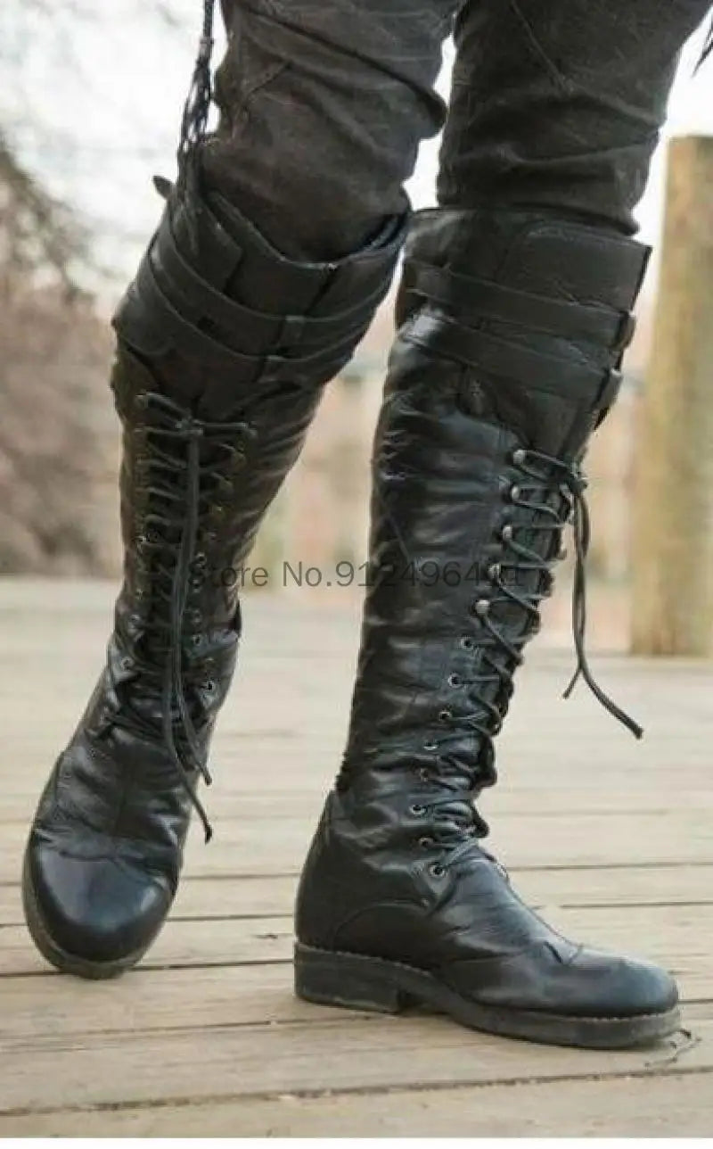 Men’s Medieval Steampunk Boots – Long Black PU Leather Cosplay Shoes for Winter LARP, Pirate, Halloween, Carnival, and Knight Costume