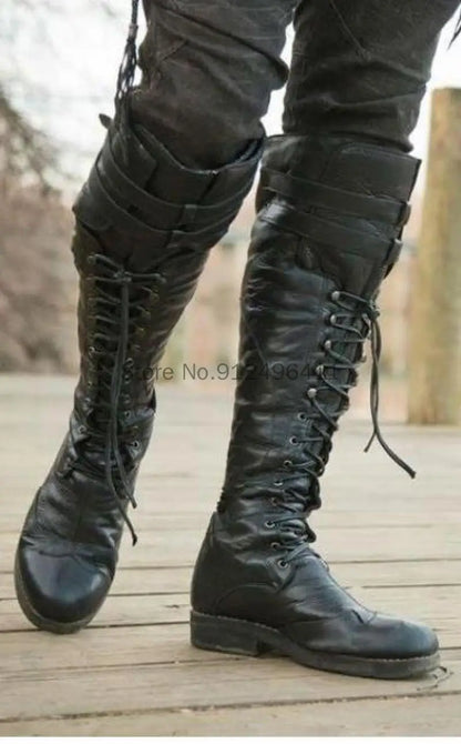Men’s Medieval Steampunk Boots – Long Black PU Leather Cosplay Shoes for Winter LARP, Pirate, Halloween, Carnival, and Knight Costume