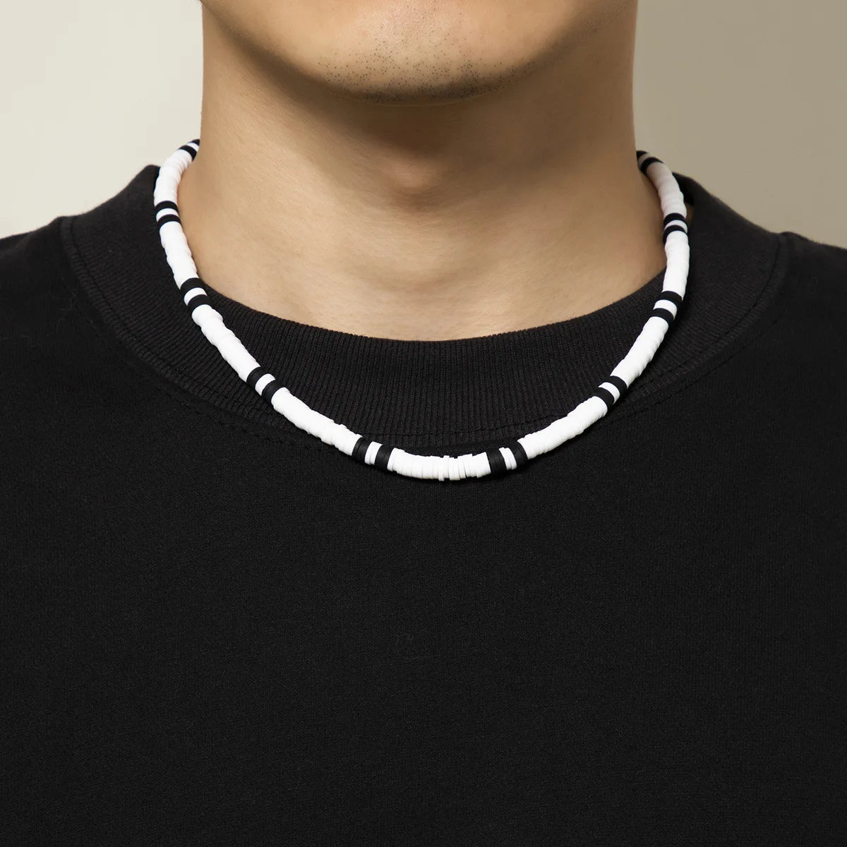 Bohemian White & Black Polymer Beads Necklace – Unisex Collar for Men and Women