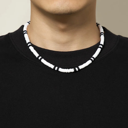 Bohemian White & Black Polymer Beads Necklace – Unisex Collar for Men and Women
