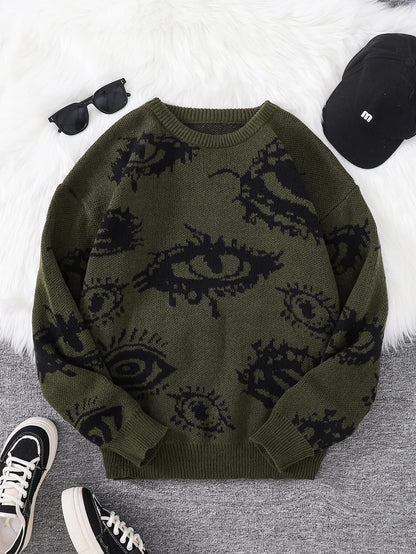Men's Abstract Eye Jacquard Sweater - Round Neck Knitted Autumn Winter Casual Pullover Top
