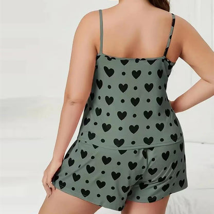 Plus Size Women's Pajama Set – Love Print Camisole & Shorts Sleepwear in Green (XL-3XL)