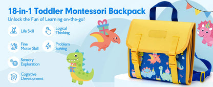 Montessori Toddler Busy Board – Dinosaur Dress-Up Sensory Toy for Learning Life Skills & Travel Backpack