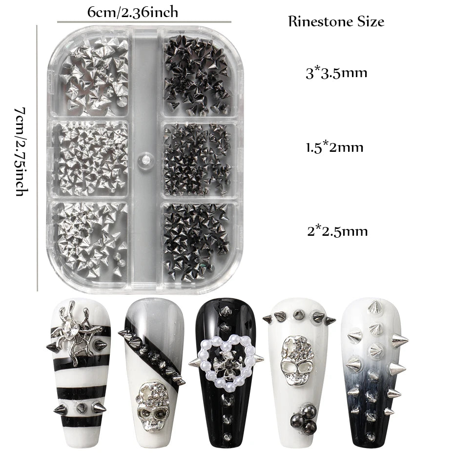 Metallic Rivet Nail Charms - 6-Grid Gold, Silver & Black Punk Spike Studs for Nail Art & DIY Designs