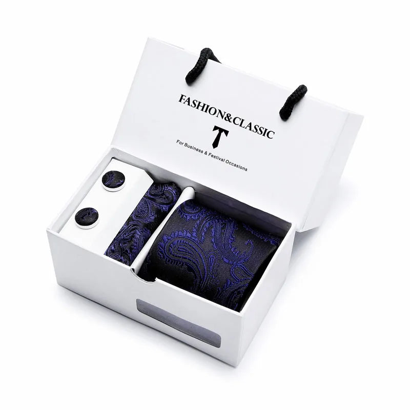 Black Paisley Tie Set - Men's Necktie, Pocket Square & Cufflinks Gift Box for Weddings & Formal Wear