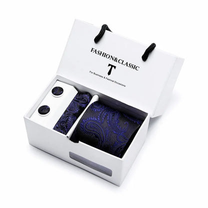 Black Paisley Tie Set - Men's Necktie, Pocket Square & Cufflinks Gift Box for Weddings & Formal Wear
