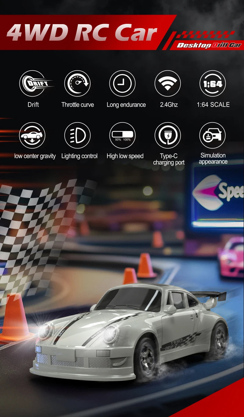 4WD 1:64 Mini RC Drift Car — 2.4GHz Palm Racing Remote Control Toy for Kids & Collectors