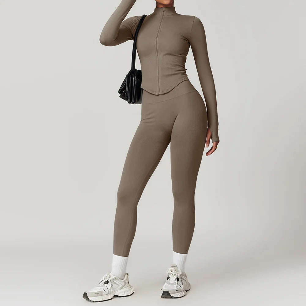 Women’s Seamless 2/3 Piece Yoga Set – Fitness Workout Sportswear with Leggings, Sports Bra & Long Sleeve Gym Outfit