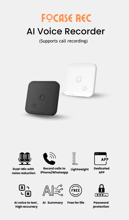 AI Voice & Call Recorder – Speech-to-Text & Summarization, 100 Languages Support, 64GB Storage