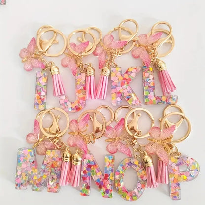 A-Z Letter Acrylic Keychain - Pink Butterfly Tassel Bag Charm & Key Ring