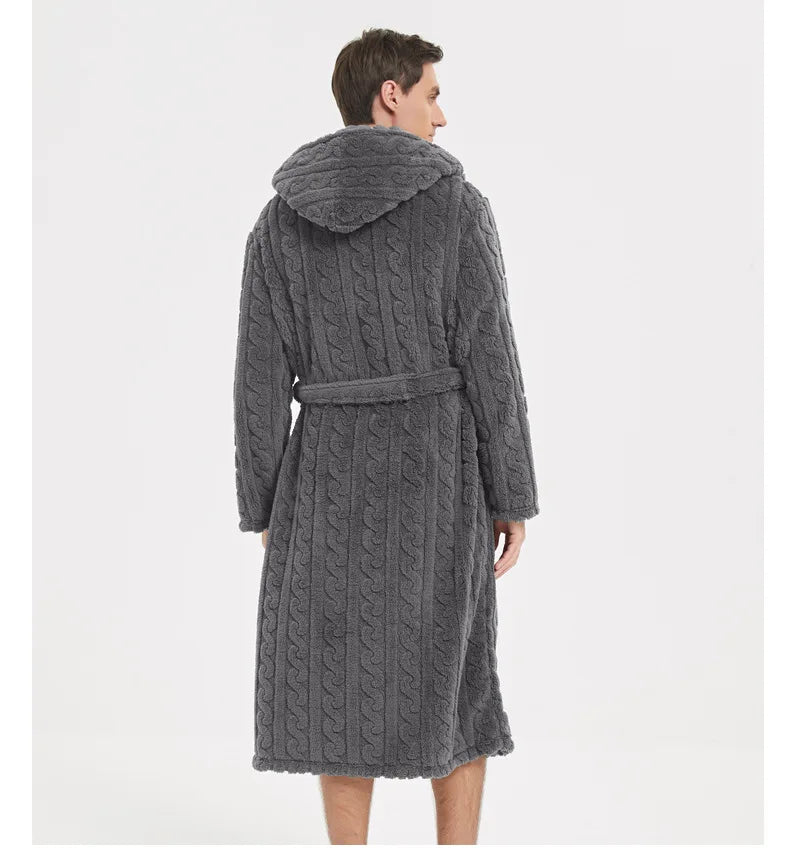 Men’s Fall & Winter Warm Hooded Robe – Thickened Cotton Velvet Jacquard Homewear for Couples