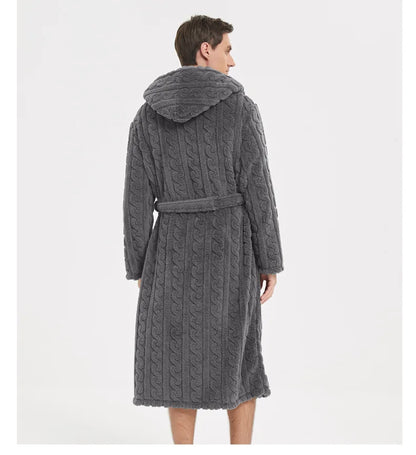 Men’s Fall & Winter Warm Hooded Robe – Thickened Cotton Velvet Jacquard Homewear for Couples