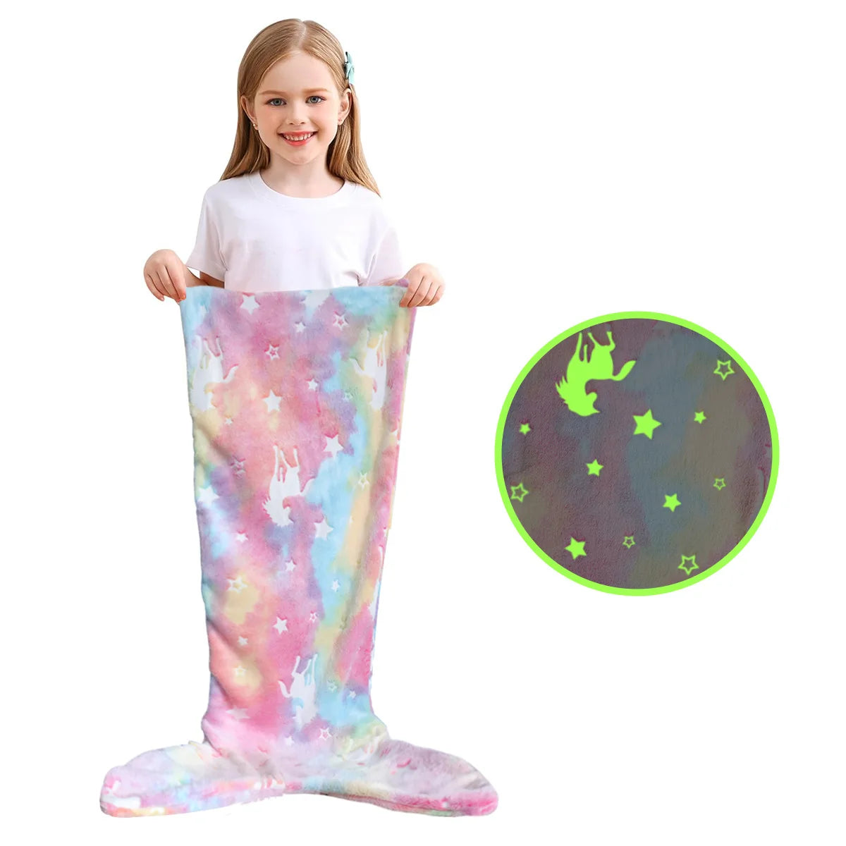 Cartoon Rainbow Unicorn Mermaid Tail Blanket — Super Soft Glow-in-the-Dark Flannel Blanket, Perfect Gift for Girls