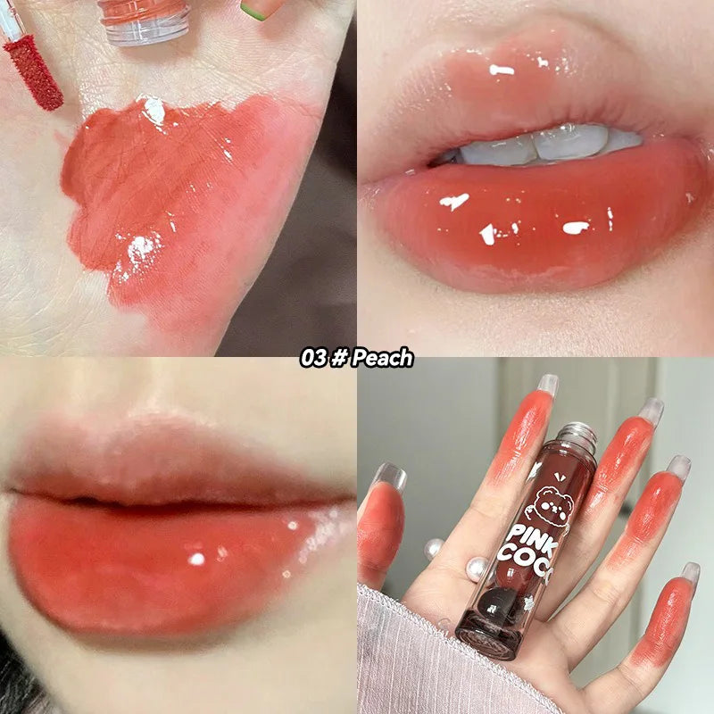 PINKCOCO Bear Doodle Mirror Lip Glaze – Long-Lasting Shiny Nude Lip Gloss, Skin-Brightening Student-Friendly Lipstick