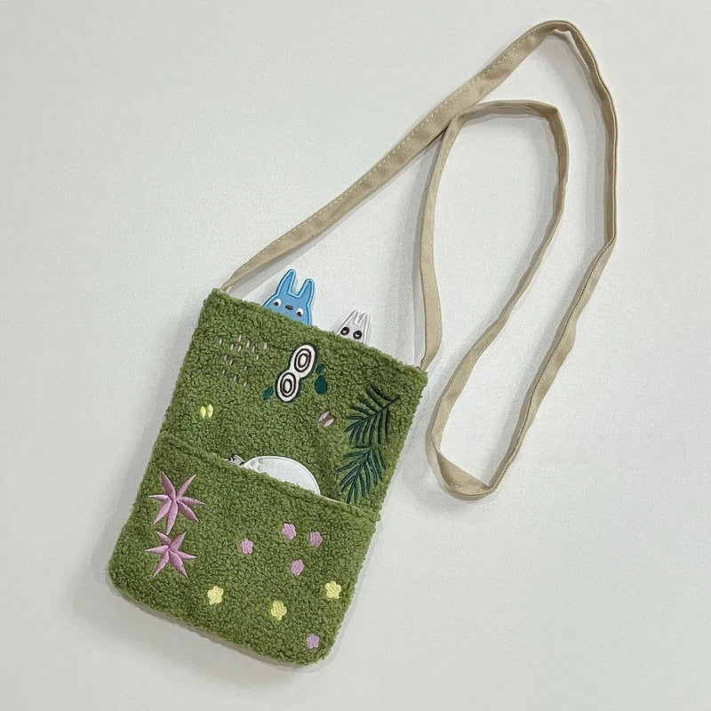 Cartoon Cat Embroidered Lamb Plush Handbag – Cute One-Shoulder Messenger Bag for Mobile Phone & Daily Use