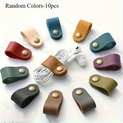 10PCS Faux Leather Cable Ties – Organizer Straps for Data Cables & Earphones, No Battery Required