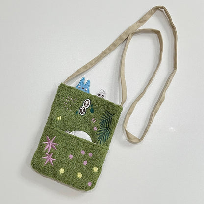 Cartoon Cat Embroidered Lamb Plush Handbag – Cute One-Shoulder Messenger Bag for Mobile Phone & Daily Use