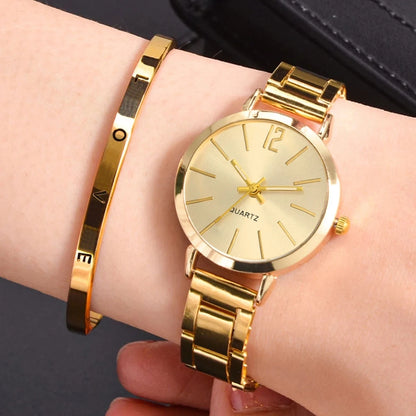 2PCS Set Luxury Women's Watches – Simple Dial, Hollow Strap Gold Bracelet Quartz Wristwatch for Students & Ladies